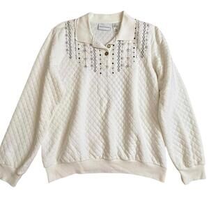 Alfred Dunner White Quilted Pullover Embroidered Sweater Medium